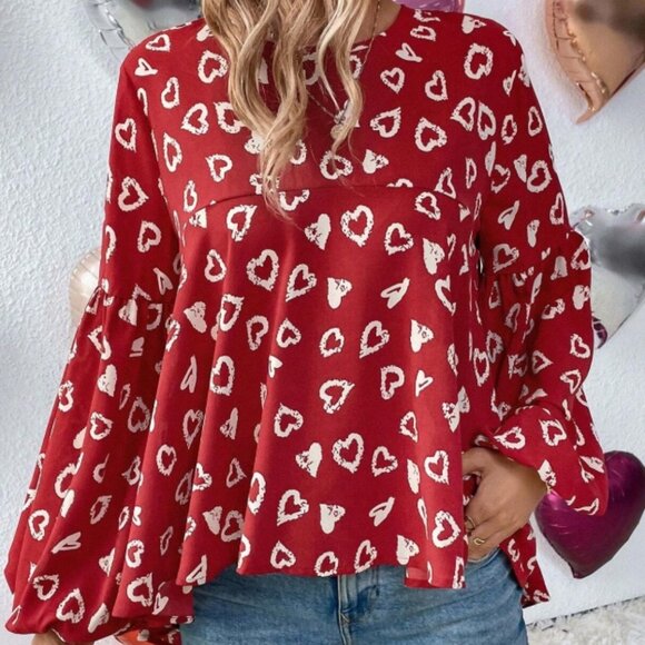 SHEIN LUNE Women's Heart Print Ruffle Hem Blouse Top Size Large NWOT - Picture 4 of 4